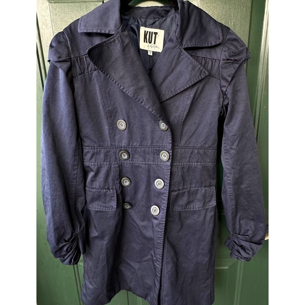 Kut from the Kloth Navy Trench Coat Sz M Ruffle Shoulder Double Breasted Chic